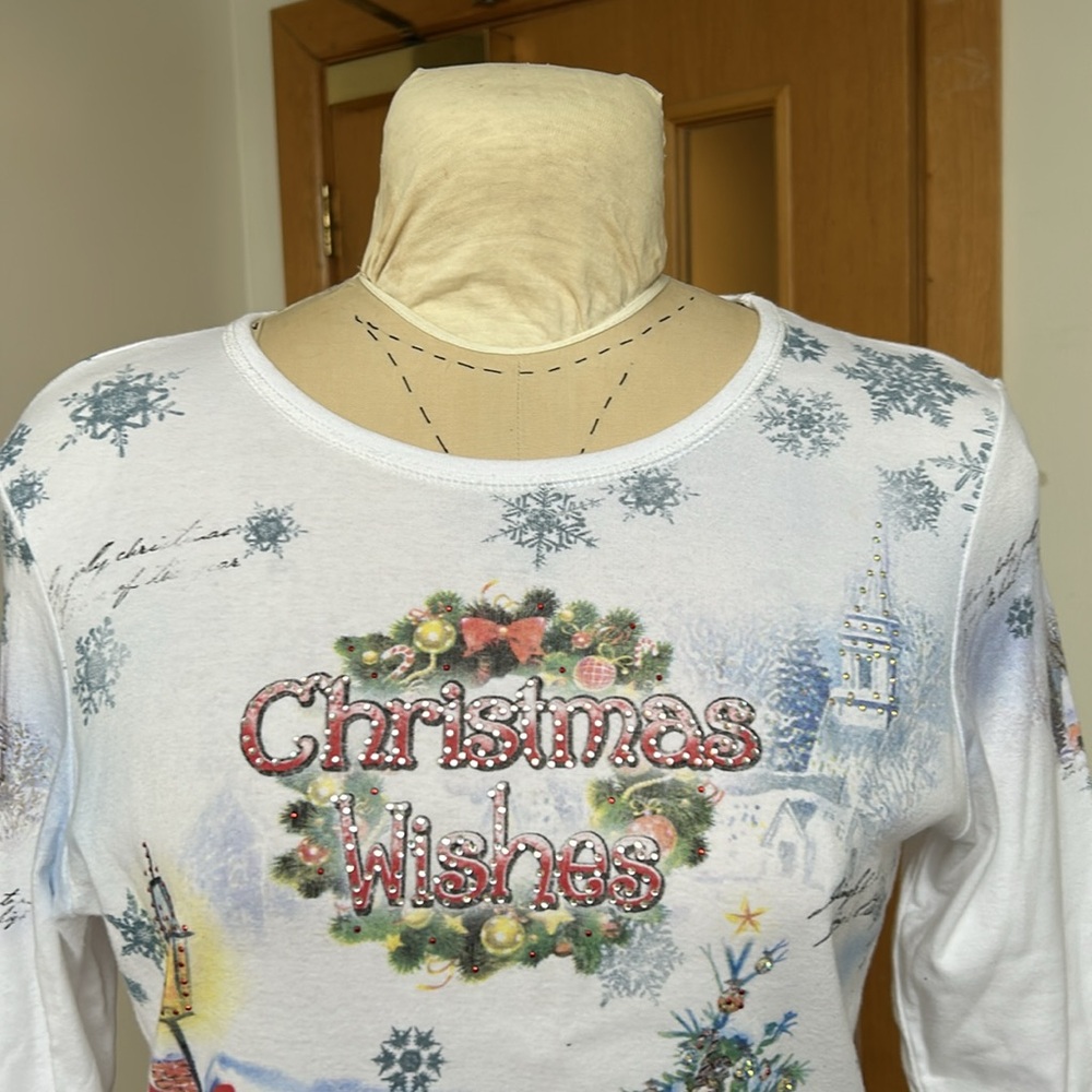 Studio Gem Embellished Christmas Wishes 3/4 Sleeve Top‎ Snowflakes Snowman L/XL - Picture 5 of 16
